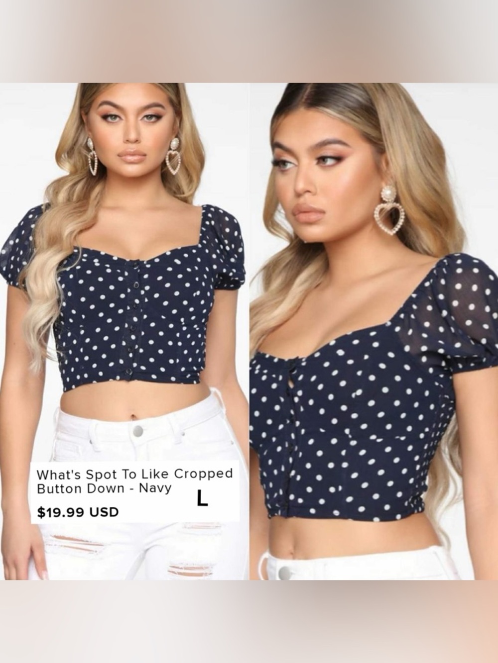 Fashion Nova Navy Polka Dot Puff Sleeve Crop Top